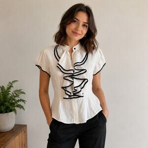 Mia Via cream silk button up blouse ruffles Medium career classy